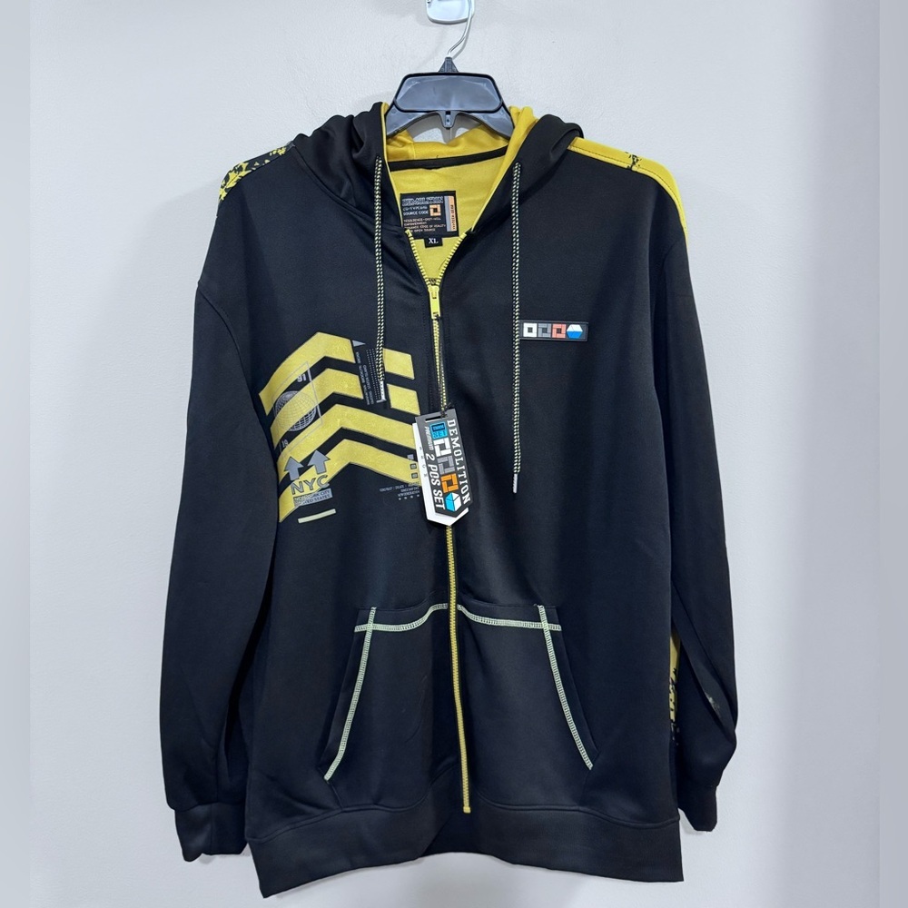 NWT Men's Demolition Tech Gear Black and Yellow Full Zip Graphic Hoodie. Size XL